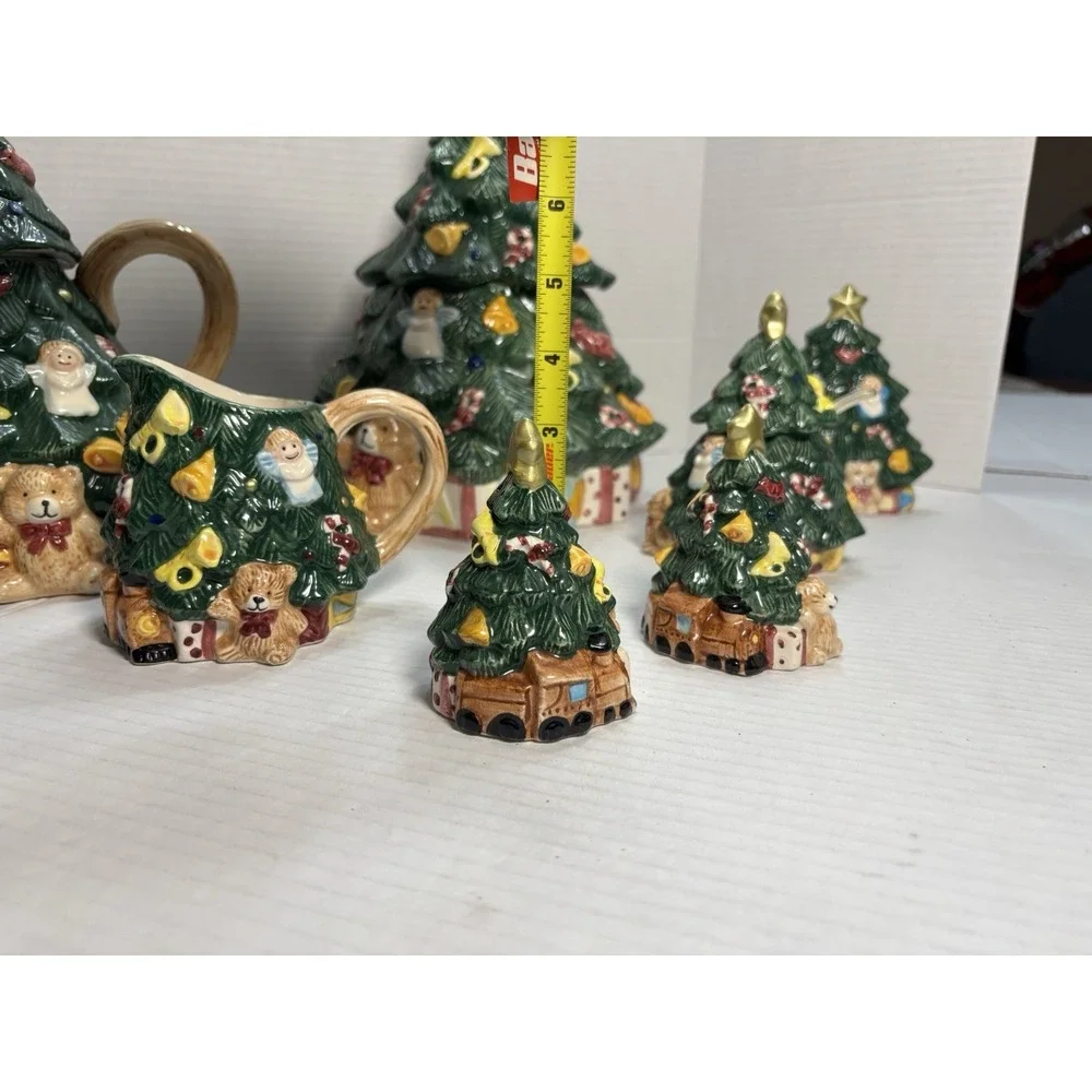 RARE! Vintage 1995 Jay Import Christmas Tree Tea Teapot‎ Creamer Cookie Jar Set